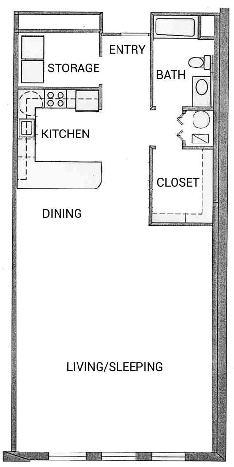 Floor plan for studio, 1 bath, 1004 sqft